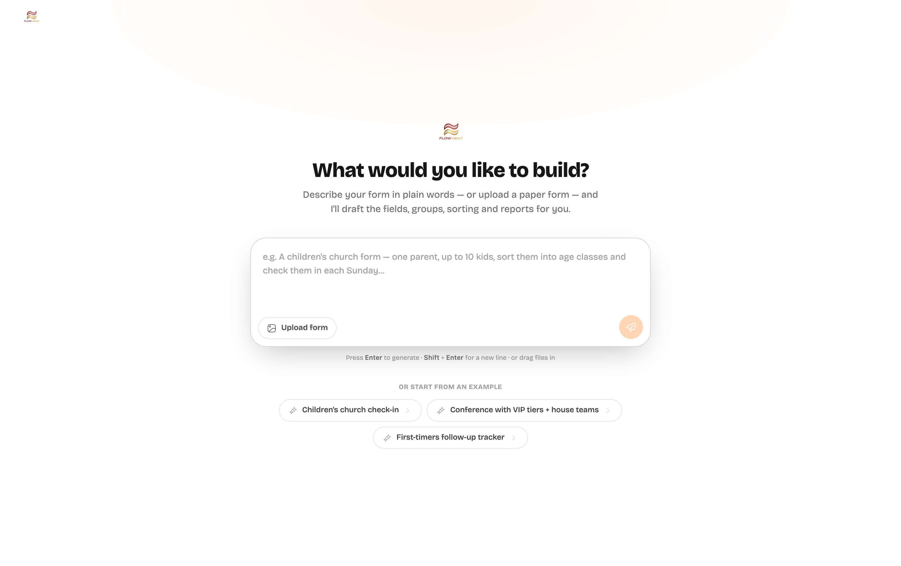 The Flowvent AI builder — describe your event and it drafts the registration form