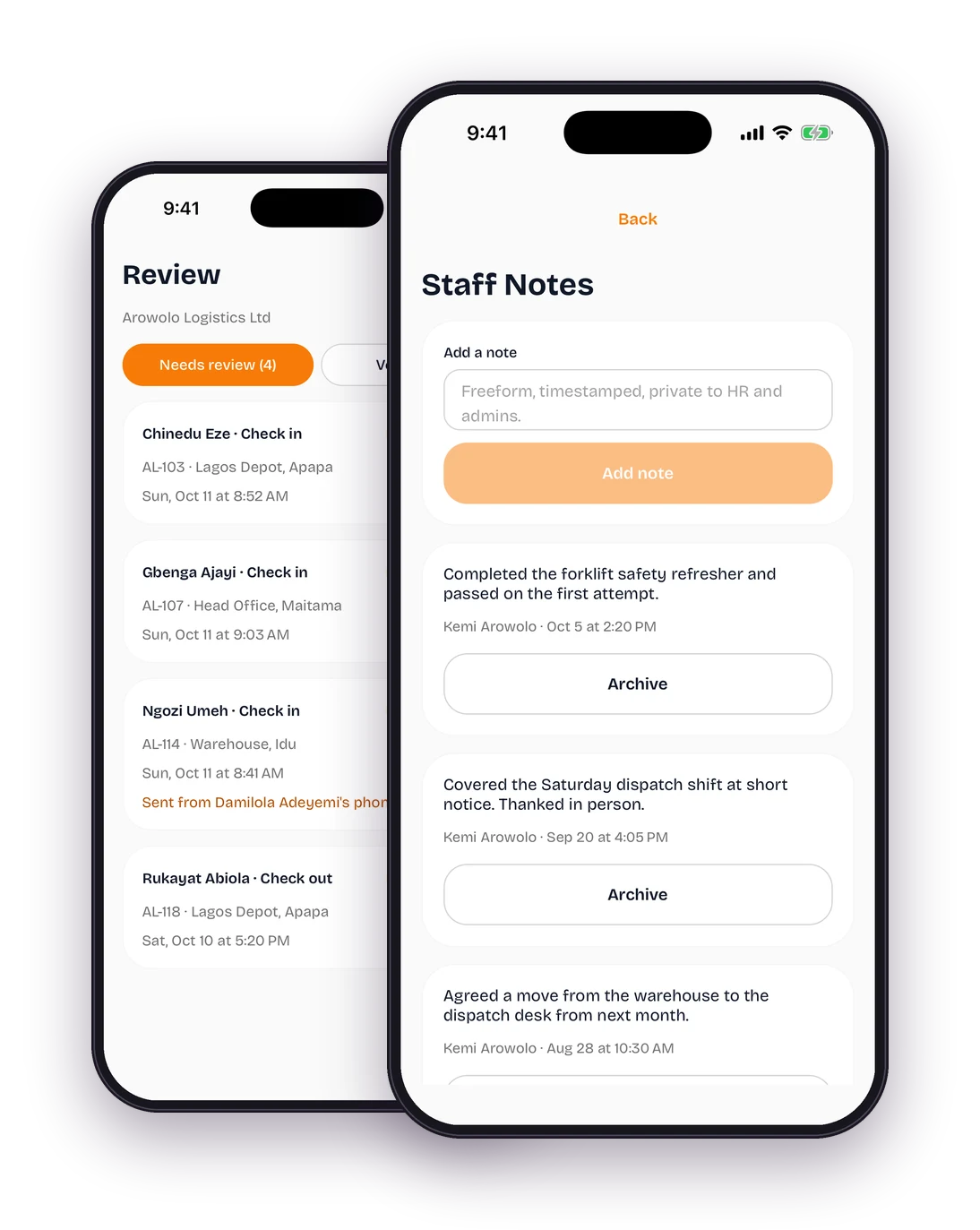 The Staff Notes screen in the Bio Check-in app, with a list of dated notes