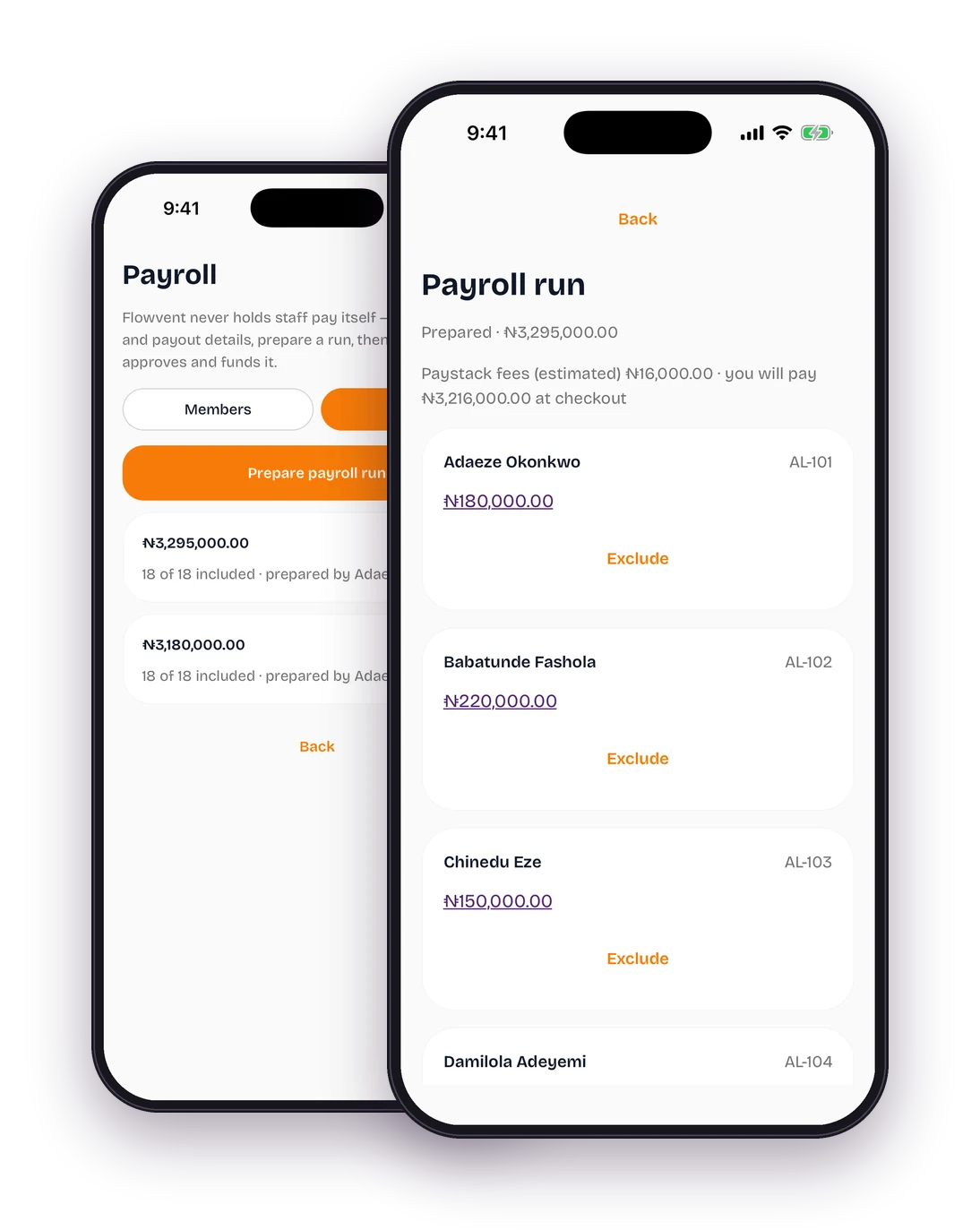The payroll run screen in the Bio Check-in app, with the total, Paystack fees and each person’s amount