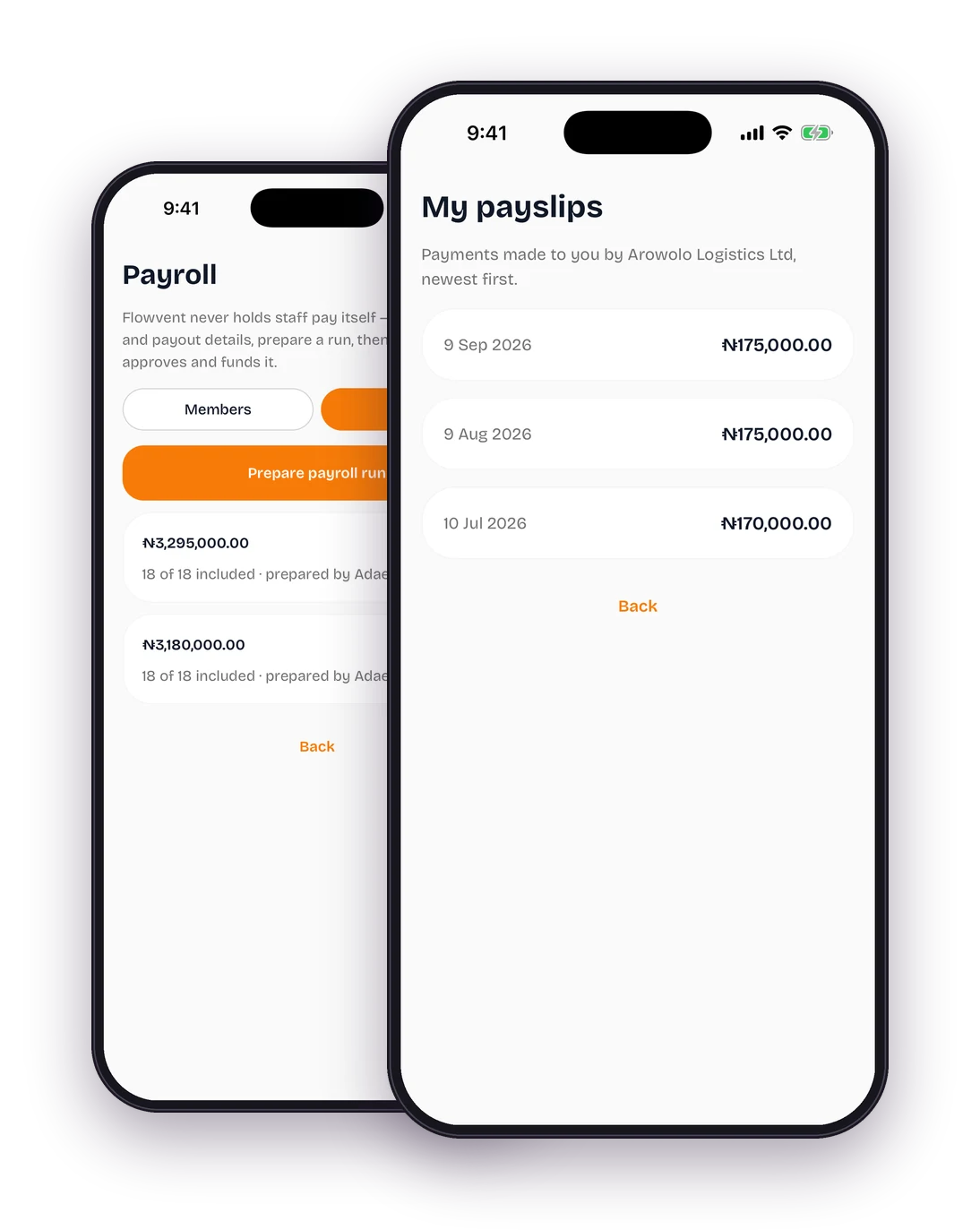 The My payslips screen in the Bio Check-in app